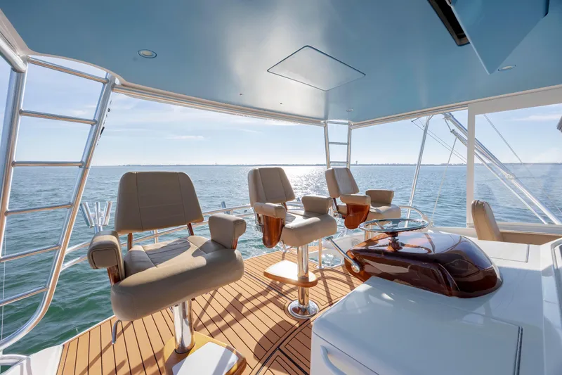 Reel Developers Yacht Photos Pics Luxurious 2009 Viking 60 Convertible yacht helm with ocean view and elegant seating.