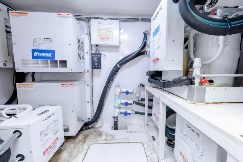 Reel Developers Yacht Photos Pics Engine room of 2009 Viking 60 Convertible yacht with Cruisair and Dometic systems.