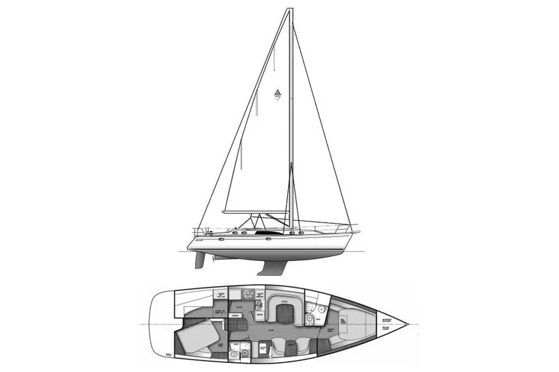 Platypus Yacht Photos Pics Line drawing of a 2014 Catalina 445 sailboat with interior layout.