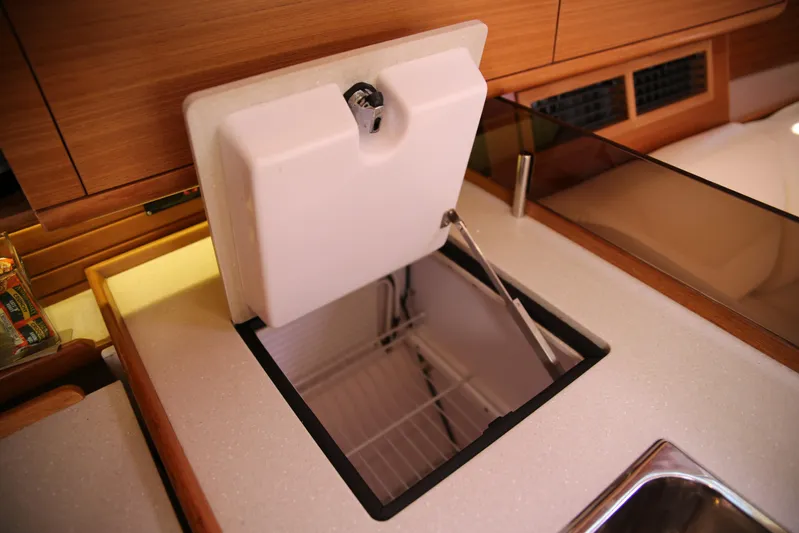Platypus Yacht Photos Pics 2014 Catalina 445 yacht kitchen with open fridge compartment.