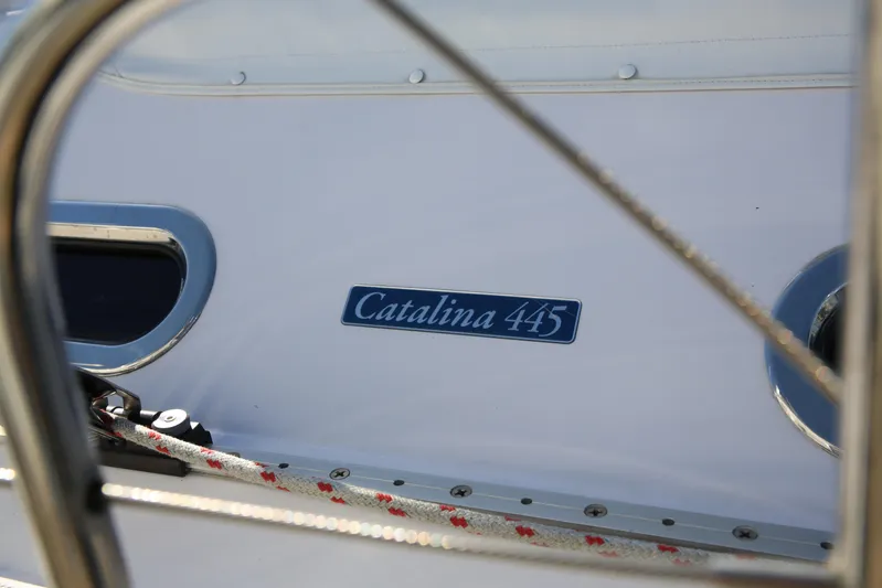 Platypus Yacht Photos Pics 2014 Catalina 445 sailboat nameplate with nautical details in view.