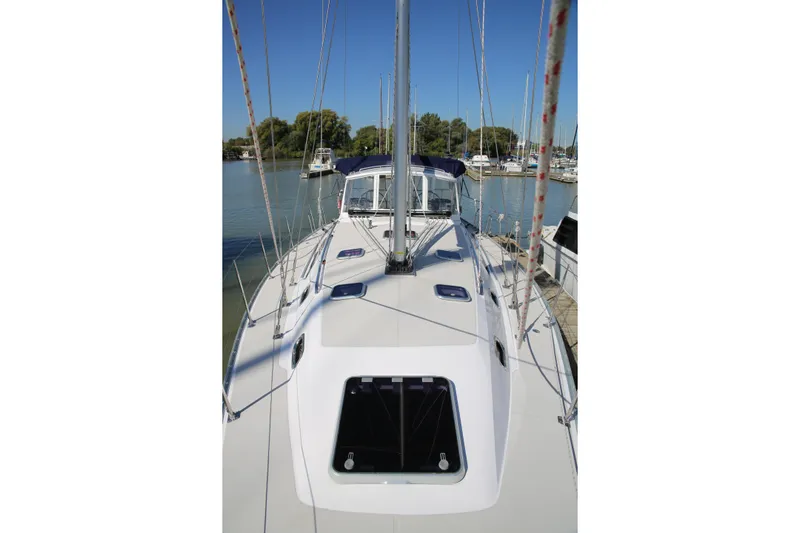 Platypus Yacht Photos Pics 2014 Catalina 445 sailboat deck view at marina, showcasing sleek design and rigging.