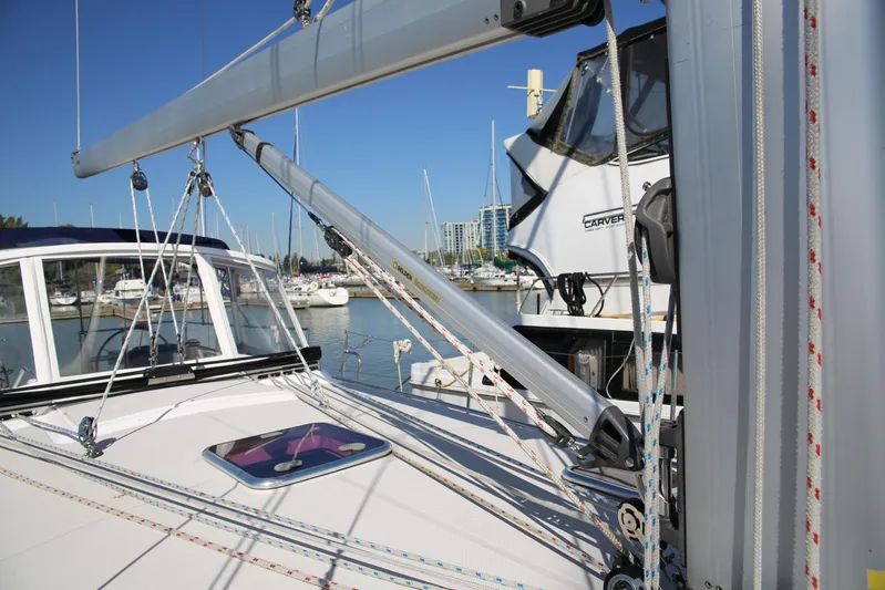 Platypus Yacht Photos Pics 2014 Catalina 445 sailboat deck with rigging and marina background.