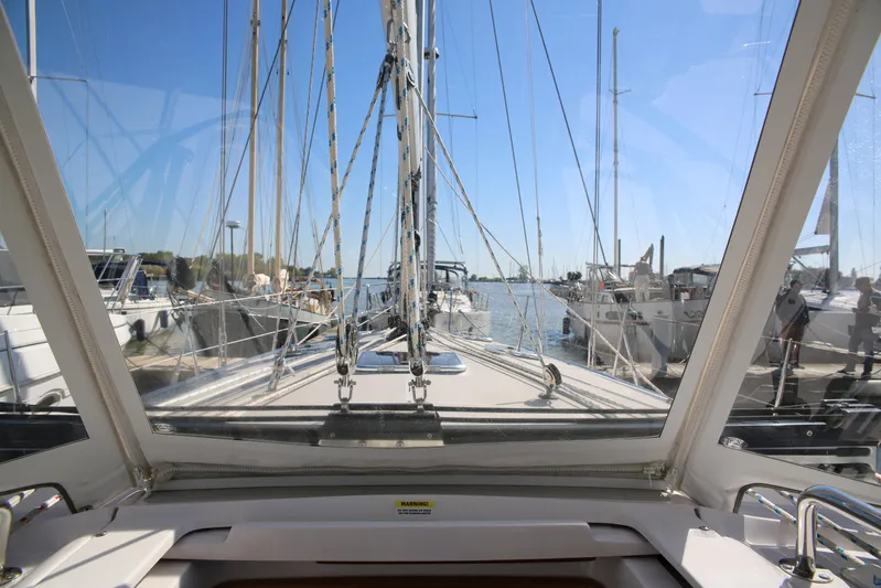 Platypus Yacht Photos Pics View from a 2014 Catalina 445 sailboat cockpit, docked at a marina.