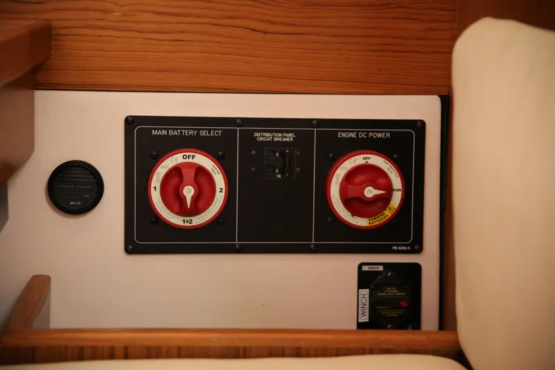 Platypus Yacht Photos Pics Main battery and engine DC power controls on 2014 Catalina 445 yacht.