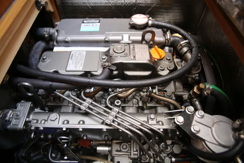 Platypus Yacht Photos Pics Engine compartment of a 2014 Catalina 445 sailboat, showcasing detailed mechanical components.