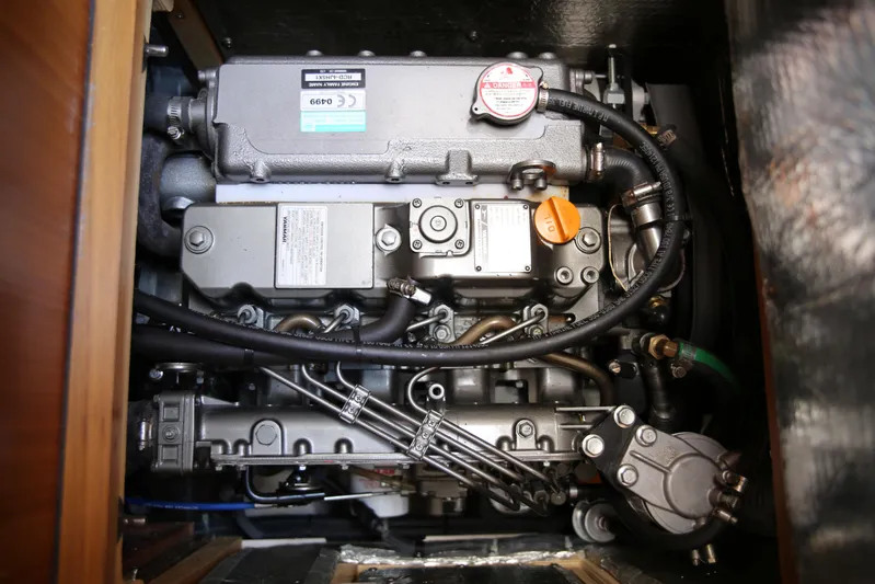 Platypus Yacht Photos Pics Engine compartment of a 2014 Catalina 445 sailboat, showcasing detailed mechanical components.