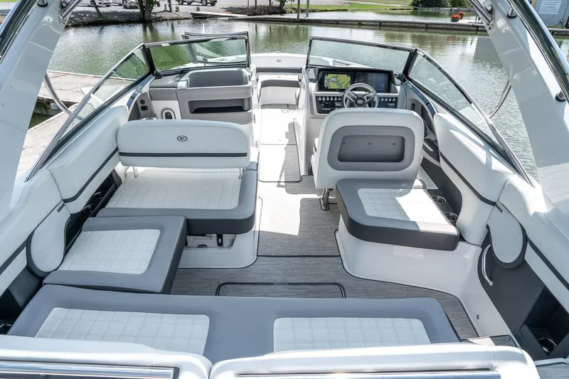  Yacht Photos Pics Luxurious interior of 2023 Cobalt R30 boat with spacious seating and modern design.