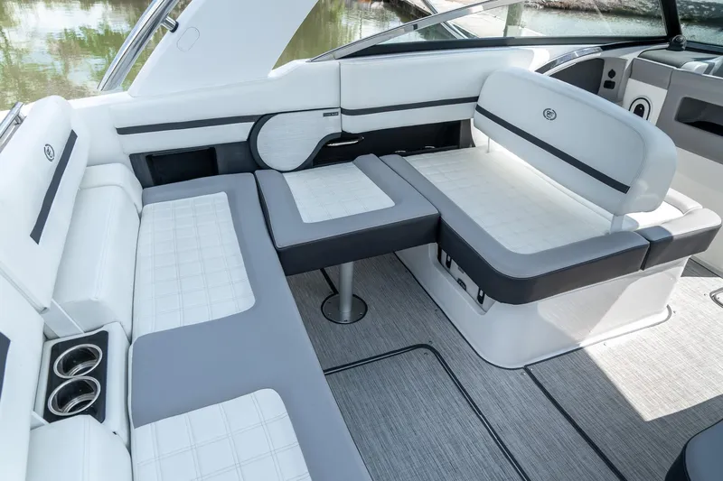  Yacht Photos Pics Luxurious interior seating of 2023 Cobalt R30 boat with modern design and comfort.