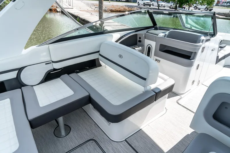  Yacht Photos Pics 2023 Cobalt R30 boat interior with luxurious seating and modern design.