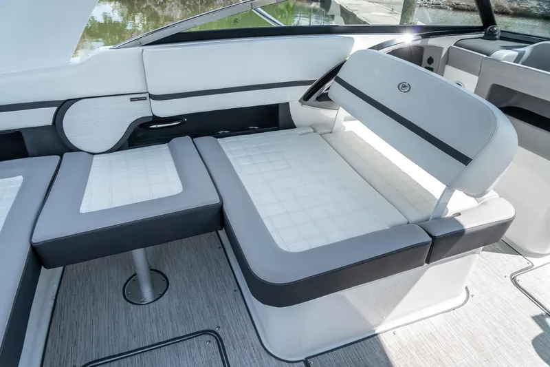  Yacht Photos Pics 2023 Cobalt R30 boat interior with sleek, modern seating and elegant design.