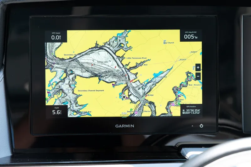 Yacht Photos Pics Garmin navigation display in 2023 Cobalt R30 showing detailed waterway map.