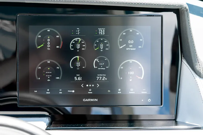  Yacht Photos Pics Garmin display in 2023 Cobalt R30 showing engine metrics and GPS speed.