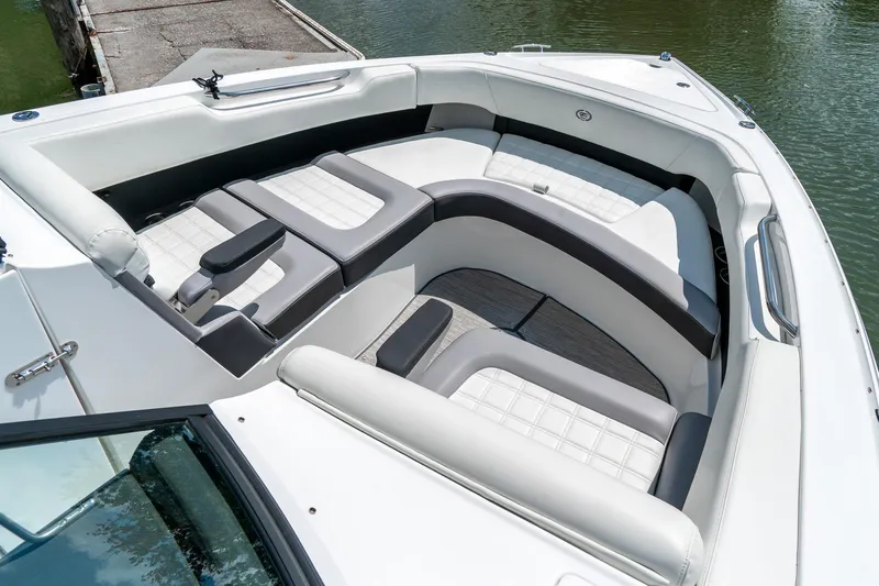  Yacht Photos Pics 2023 Cobalt R30 boat interior with luxurious seating and modern design.