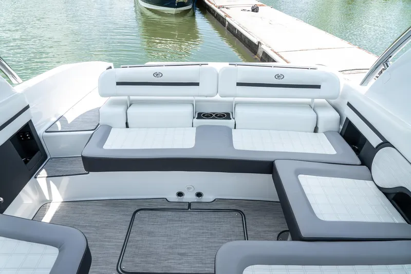  Yacht Photos Pics 2023 Cobalt R30 boat interior with luxurious seating and modern design.