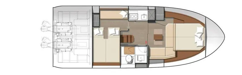Ganesha Yacht Photos Pics Floor plan of 2016 Jeanneau 36 Leader boat, featuring cabins, kitchen, and bathroom layout.