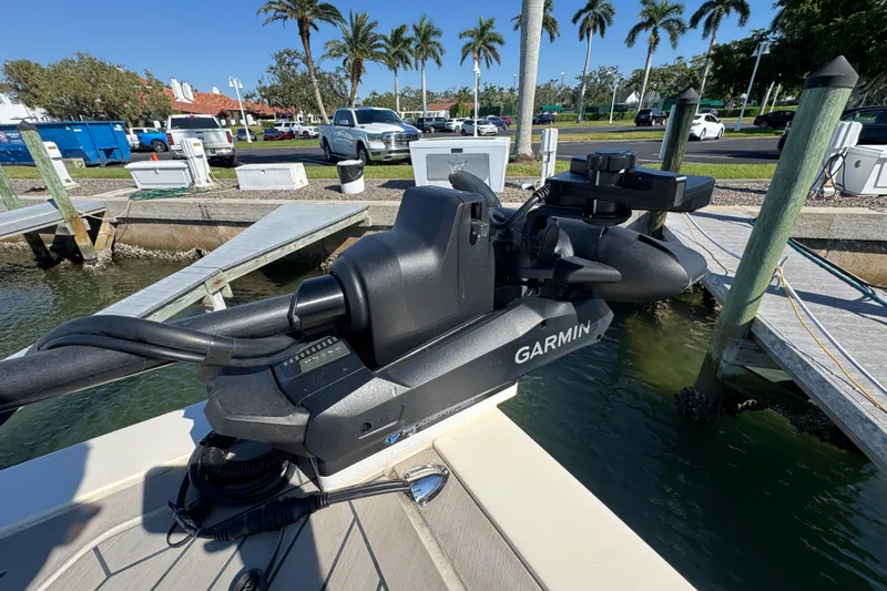  Yacht Photos Pics 2025 Scout 281 XSS boat with Garmin equipment at a dockside marina.