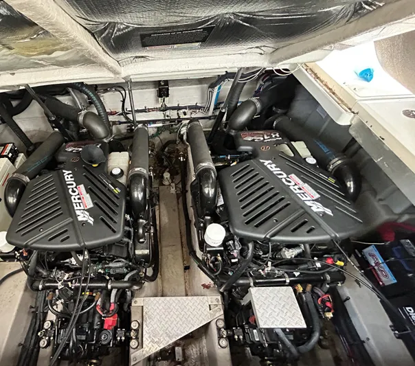 Cayetana Yacht Photos Pics Engine room of a 2004 Sea Ray 390 Sundancer with twin Mercury engines.