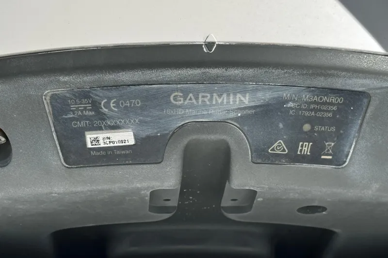  Yacht Photos Pics Garmin device label on 2017 Axopar 37 Sun Top, showing model and serial information.
