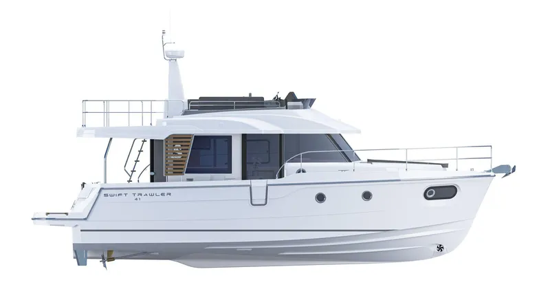  Yacht Photos Pics 2019 Beneteau Swift Trawler 40, side view, white exterior.