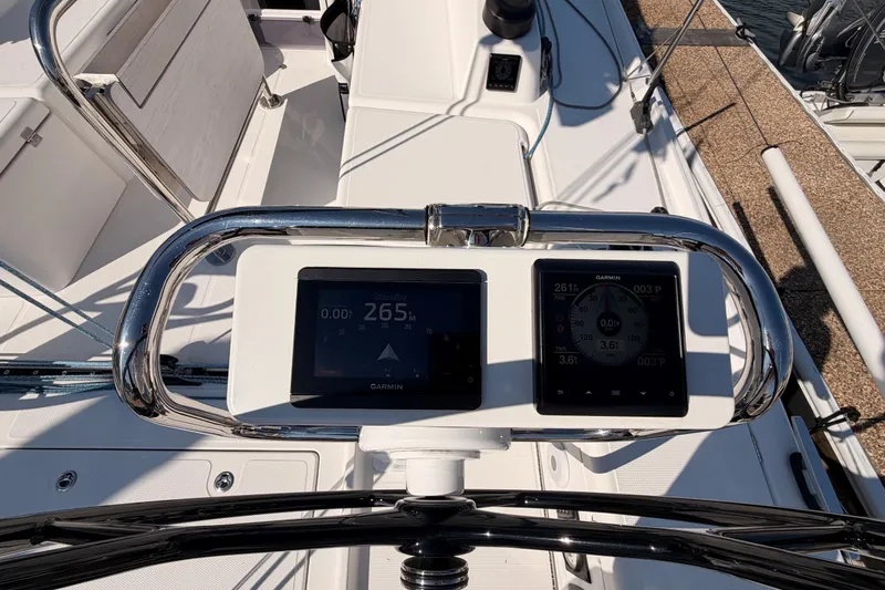First 36 Yacht Photos Pics Cockpit of 2023 Beneteau First 36 sailboat with Garmin navigation displays.