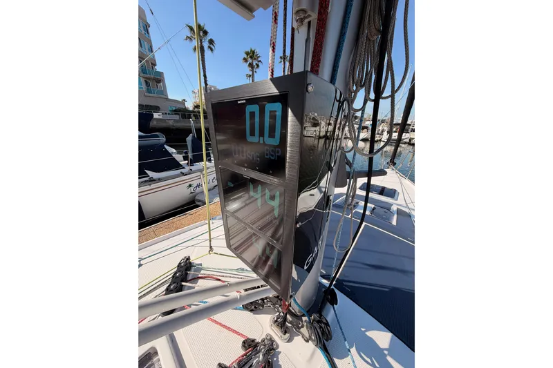 First 36 Yacht Photos Pics Digital display on 2023 Beneteau First 36 sailboat, docked in marina.