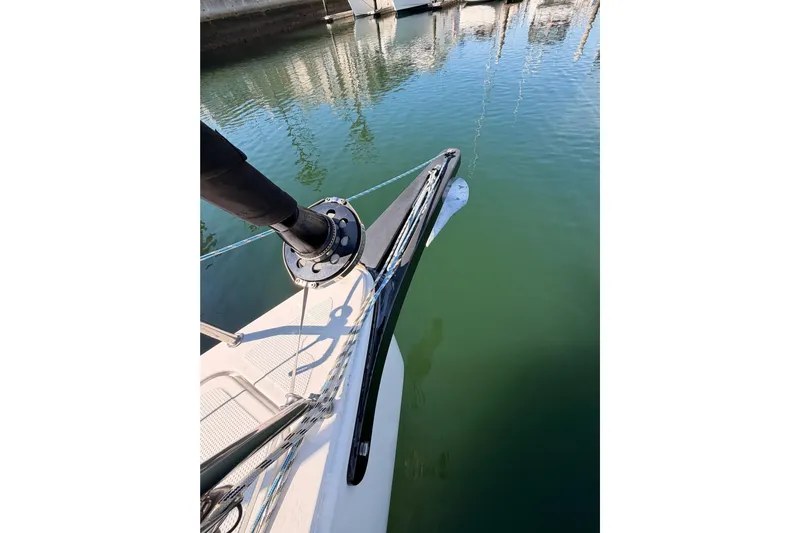 First 36 Yacht Photos Pics Bow view of 2023 Beneteau First 36 sailboat in marina.