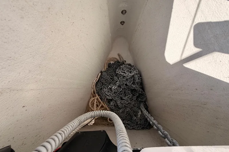First 36 Yacht Photos Pics Anchor chain storage on 2023 Beneteau First 36 sailboat.