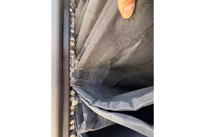 First 36 Yacht Photos Pics Close-up of sail stitching on 2023 Beneteau First 36 yacht.