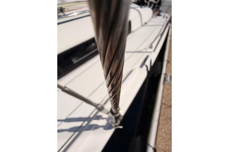 First 36 Yacht Photos Pics Close-up of a 2023 Beneteau First 36 sailboat's rigging and deck.