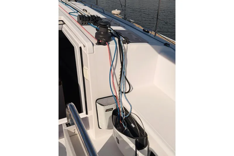 First 36 Yacht Photos Pics 2023 Beneteau First 36 sailboat deck with ropes and winch system.