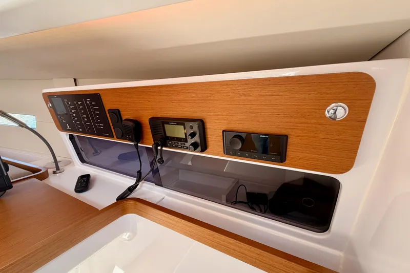 First 36 Yacht Photos Pics 2023 Beneteau First 36 yacht interior control panel with modern navigation equipment.