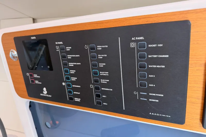 First 36 Yacht Photos Pics Control panel of 2023 Beneteau First 36 yacht, featuring DC and AC systems.