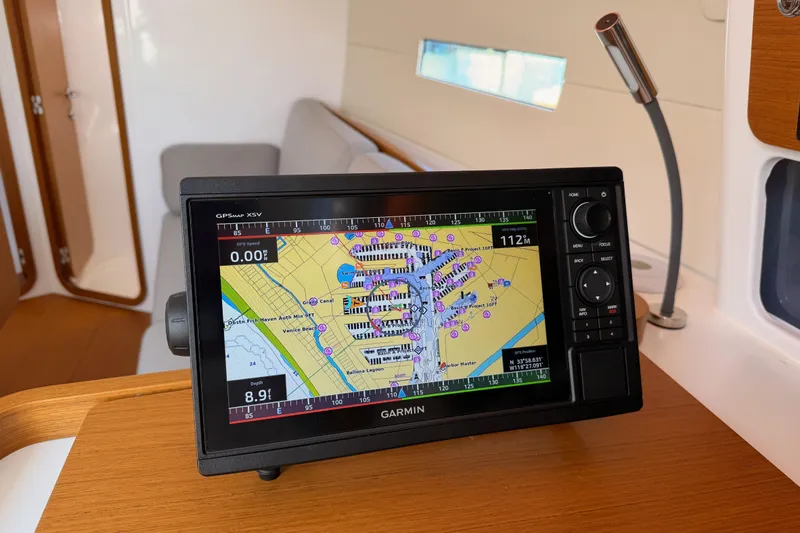 First 36 Yacht Photos Pics Garmin GPS display on 2023 Beneteau First 36 yacht, showing nautical chart.