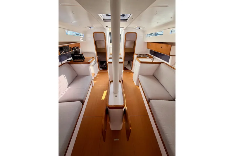 First 36 Yacht Photos Pics 2023 Beneteau First 36 yacht interior with modern design and comfortable seating.