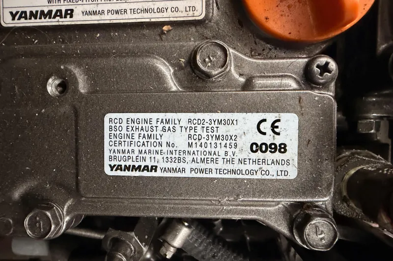 First 36 Yacht Photos Pics Yanmar engine label on a 2023 Beneteau First 36 sailboat, showing certification details.