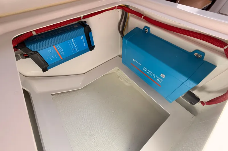 First 36 Yacht Photos Pics Electrical components in a 2023 Beneteau First 36 yacht, featuring blue inverters.