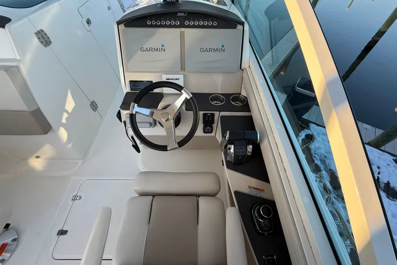  Yacht Photos Pics 2017 Boston Whaler 320 Vantage helm with Garmin displays and Mercury controls.