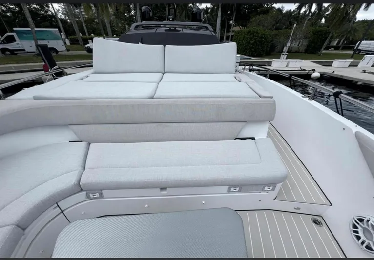  Yacht Photos Pics Luxurious seating area on 2022 Azimut Verve 42 yacht, docked at marina.