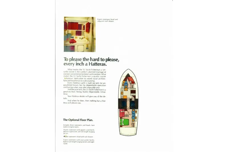 Dharma Yacht Photos Pics 1978 Hatteras 53 Yacht Fisherman brochure with floor plan and interior details.