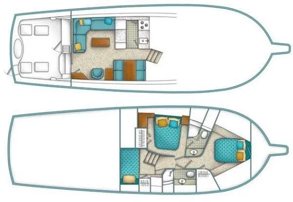 No Name Yacht Photos Pics Floor plan of a 2008 Ocean Yachts 46SS, featuring two levels with living and sleeping areas.