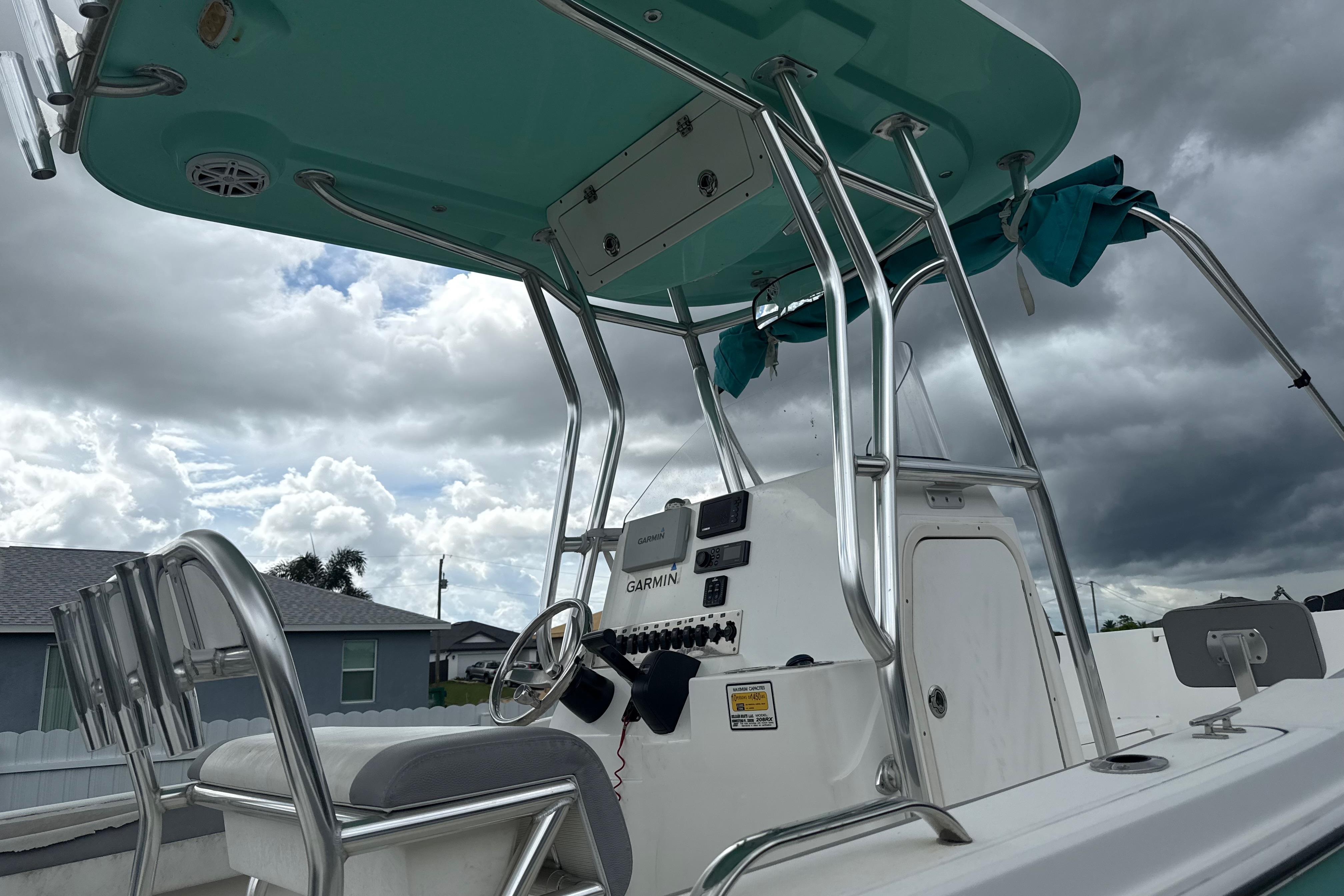 Center console of a 2018 Release 208 RX boat with stainless steel frame and Garmin equipment.