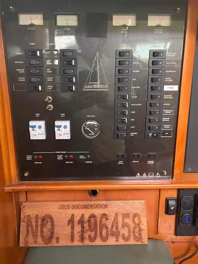 Gratitude Yacht Photos Pics Control panel of a 1999 Moody 46 CC sailboat with USCG documentation number.