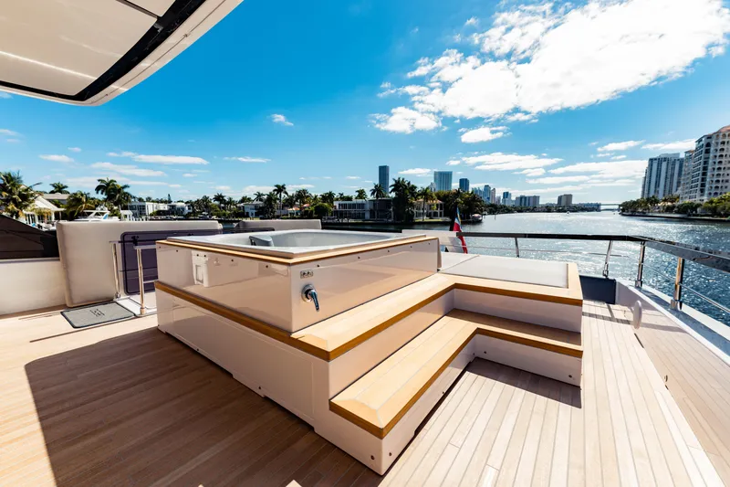  Yacht Photos Pics Luxurious deck of 2023 Ferretti Yachts 860 with stunning waterfront view.