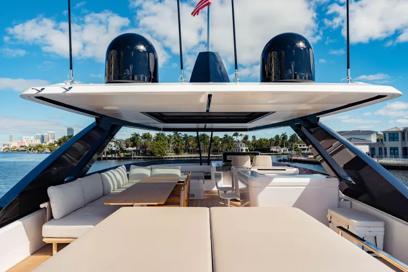  Yacht Photos Pics Luxurious 2023 Ferretti Yachts 860 with spacious deck and elegant seating under clear skies.