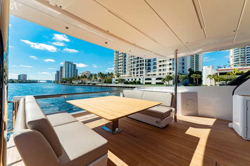  Yacht Photos Pics Luxurious 2023 Ferretti Yachts 860 deck with waterfront city view.