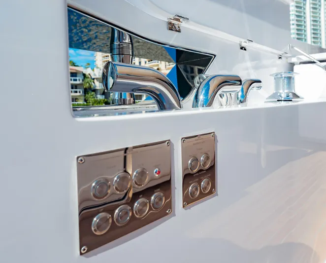 Yacht Photos Pics Luxury yacht controls and faucets on 2023 Ferretti Yachts 860, showcasing sleek design.