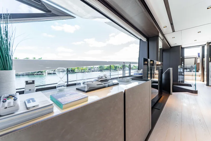  Yacht Photos Pics Luxurious interior of 2023 Ferretti Yachts 860 with modern design and scenic water views.