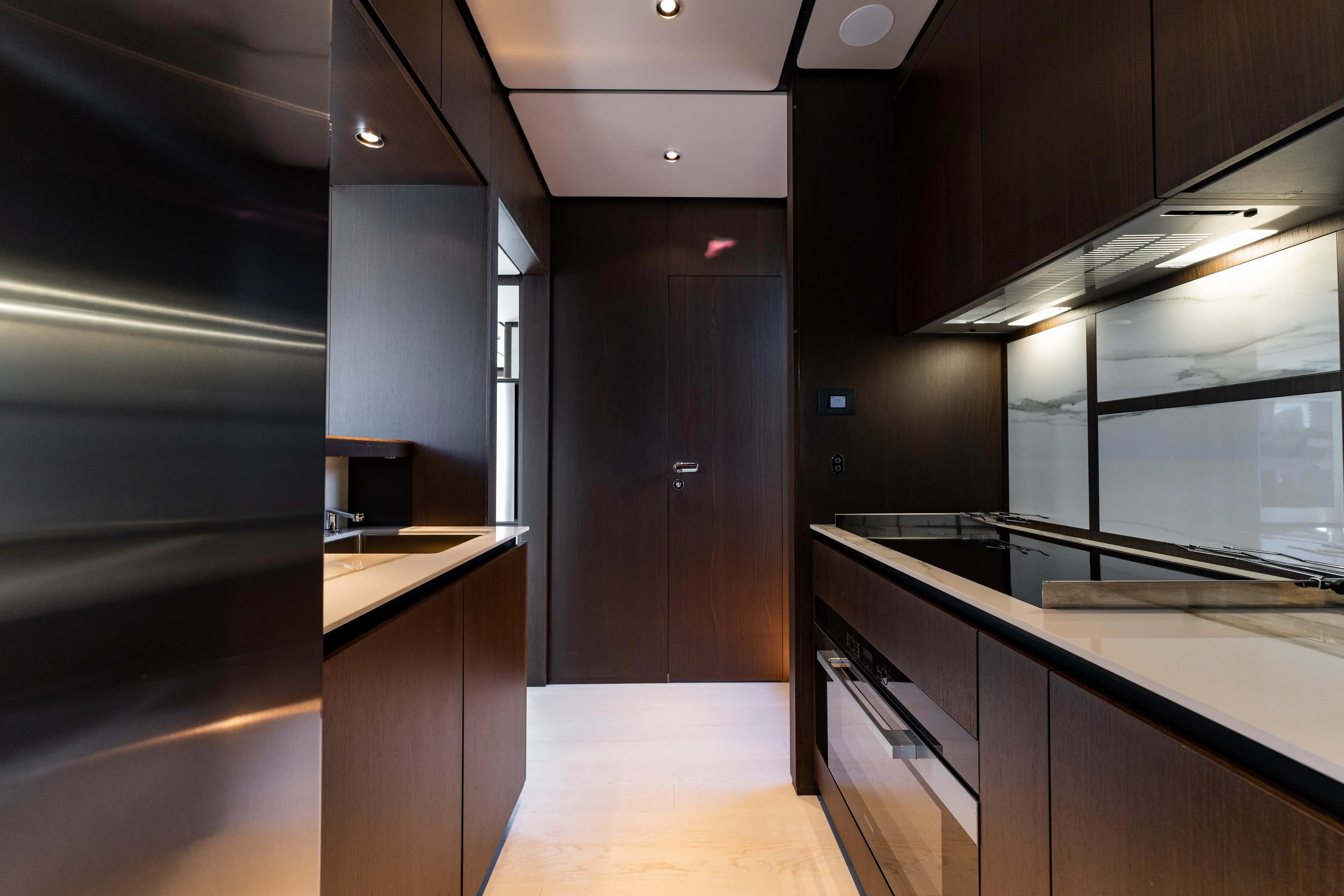  Yacht Photos Pics Luxurious kitchen interior of 2023 Ferretti Yachts 860, featuring sleek modern design.