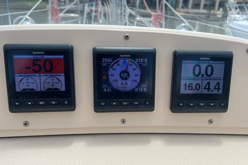  Yacht Photos Pics Garmin navigation displays on 2005 Island Packet 485 yacht dashboard.
